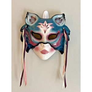 Cat-Inspired Venetian Mask With Ribbon Accents By Clay Art San Francisco 1989